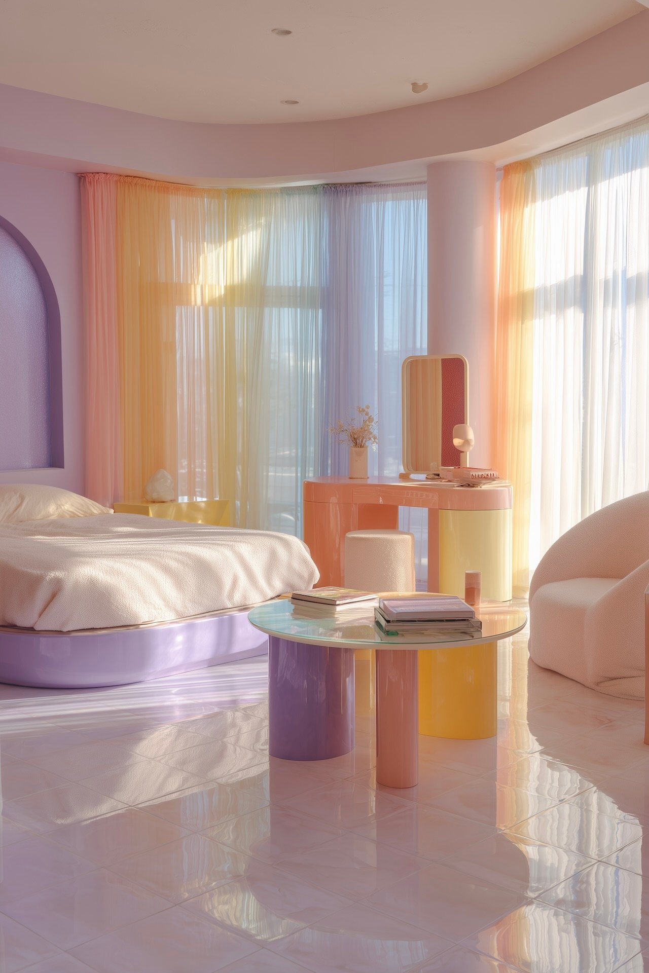 chambre fluo arrondie mobilier laqué inspiration rétro