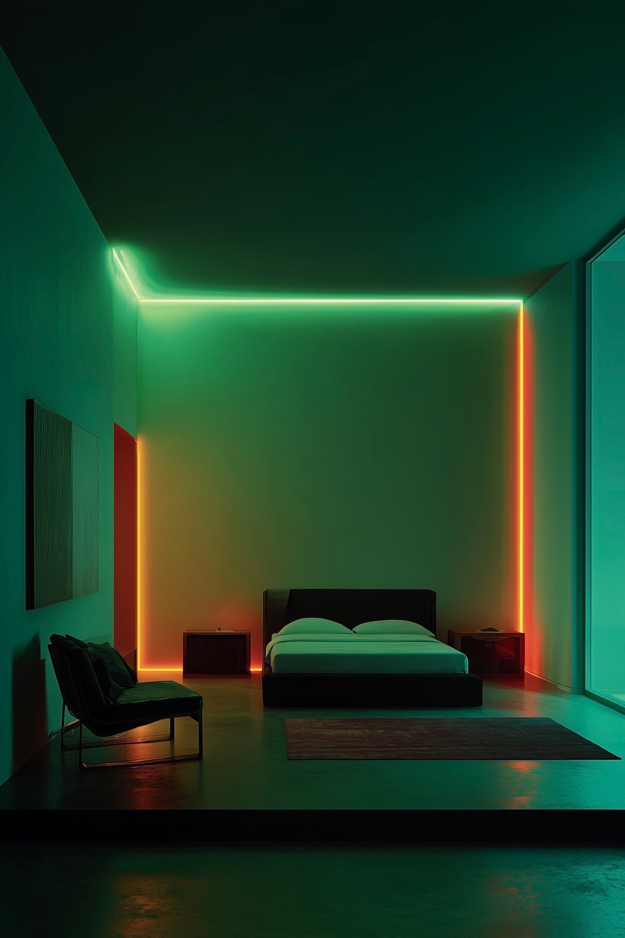 chambre minimaliste 80s éclairage néon vert