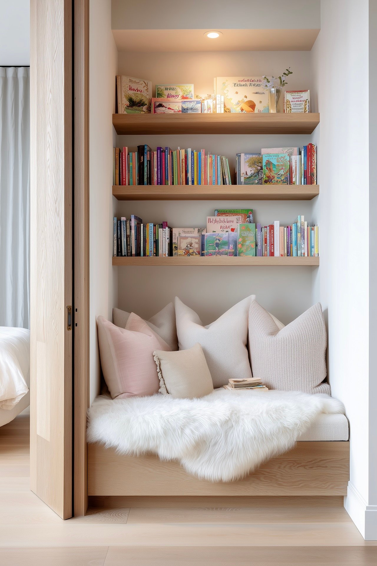 coin lecture chambre enfant cosy pastel livres