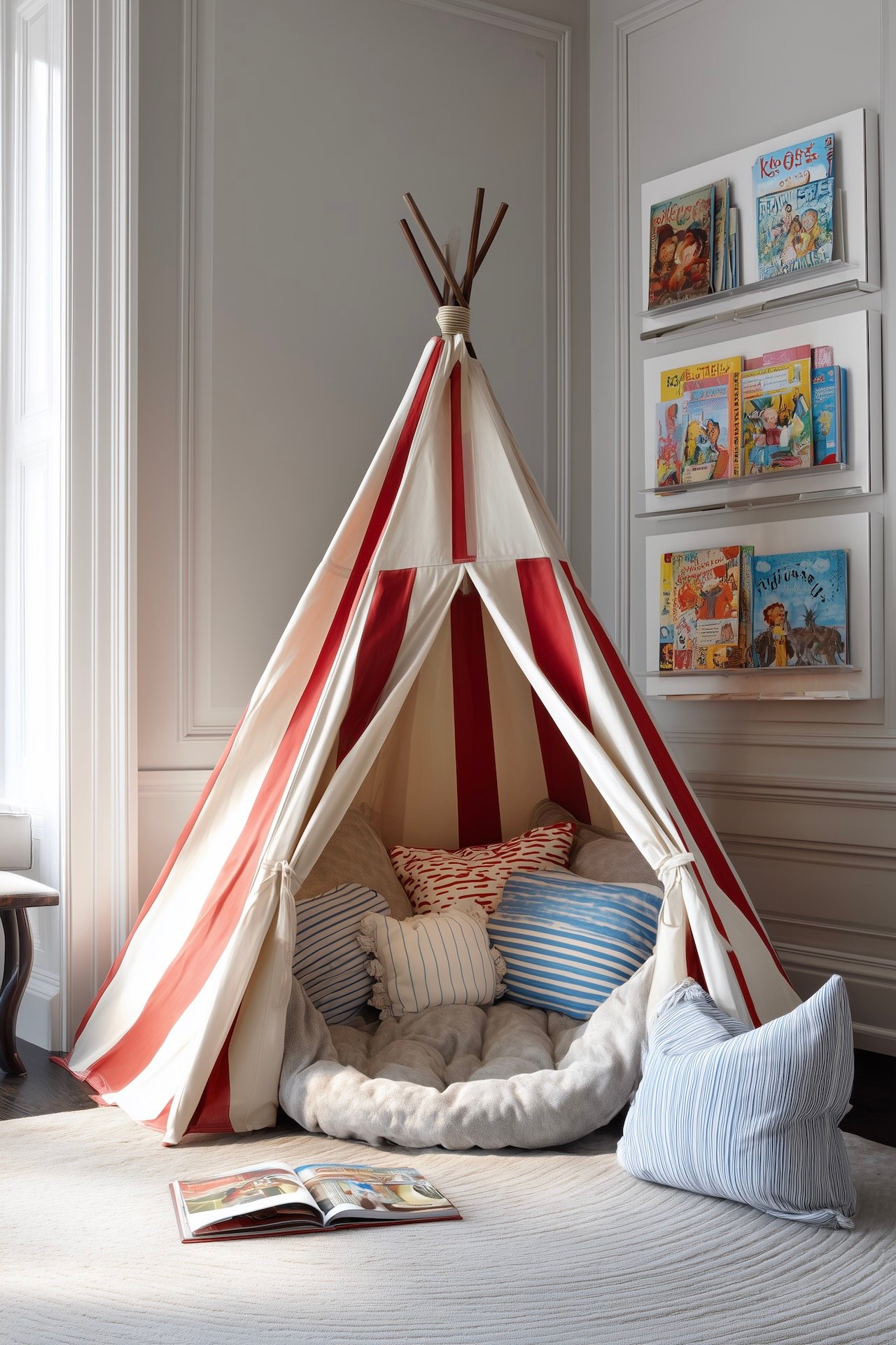 coin lecture chambre enfant tipi rayures rouges