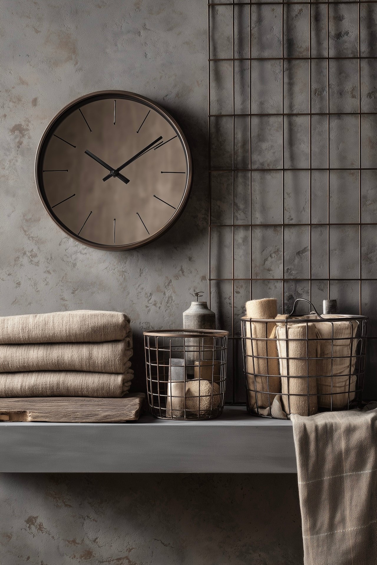 mur béton ciré étagère grillage