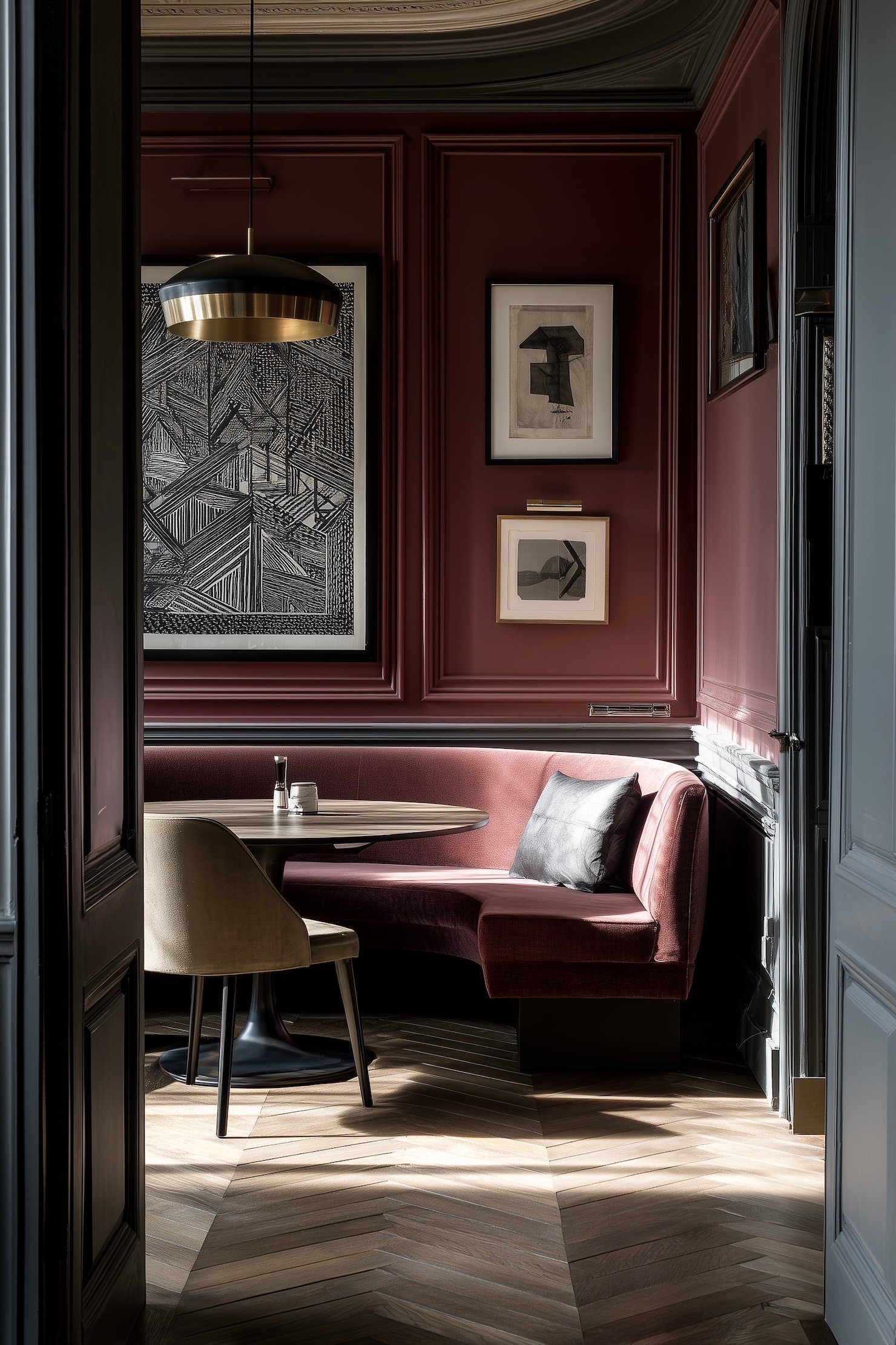 salle à manger banquette arrondie angle velours bordeaux