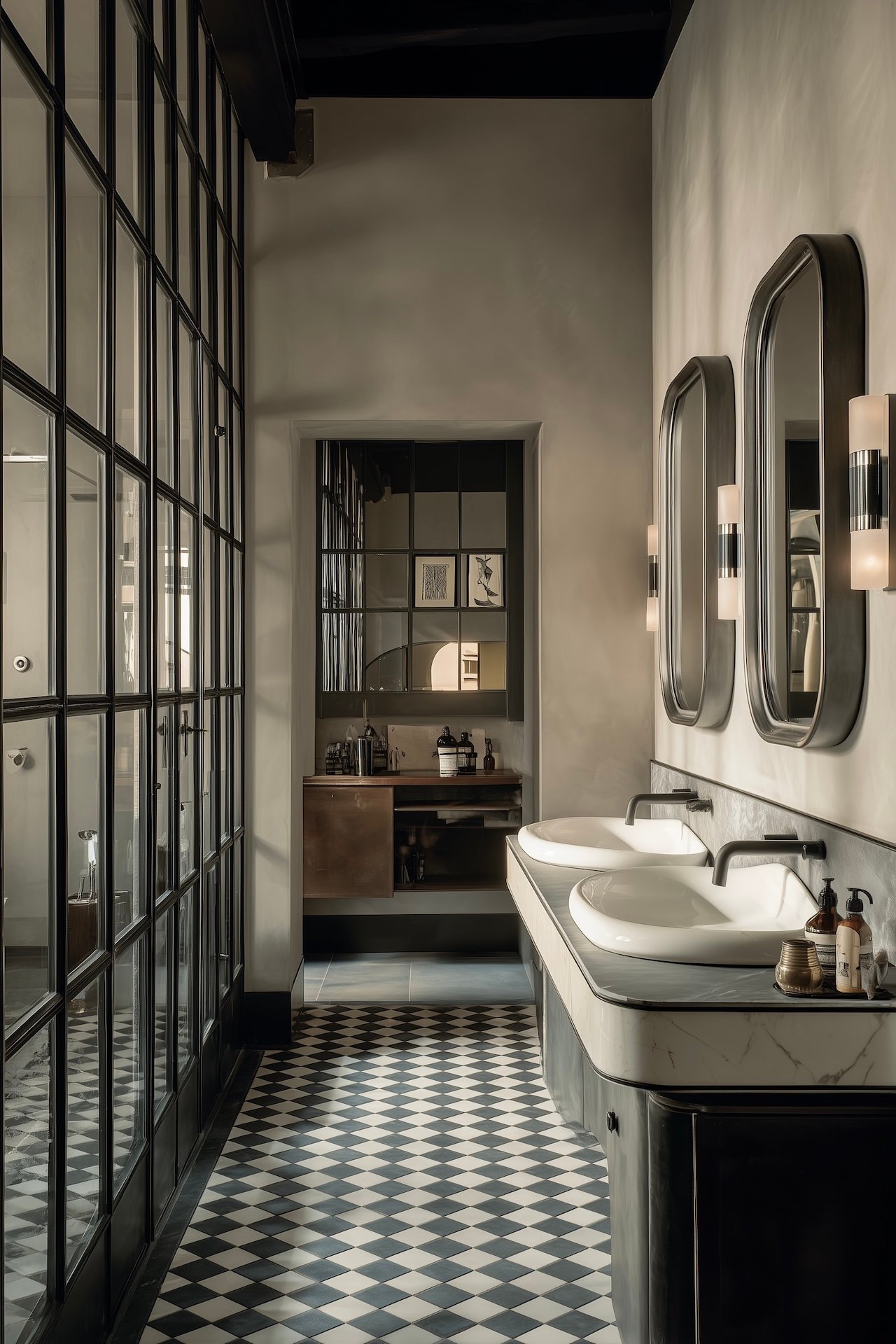 salle bain vasque rétro style italien carrelage damier