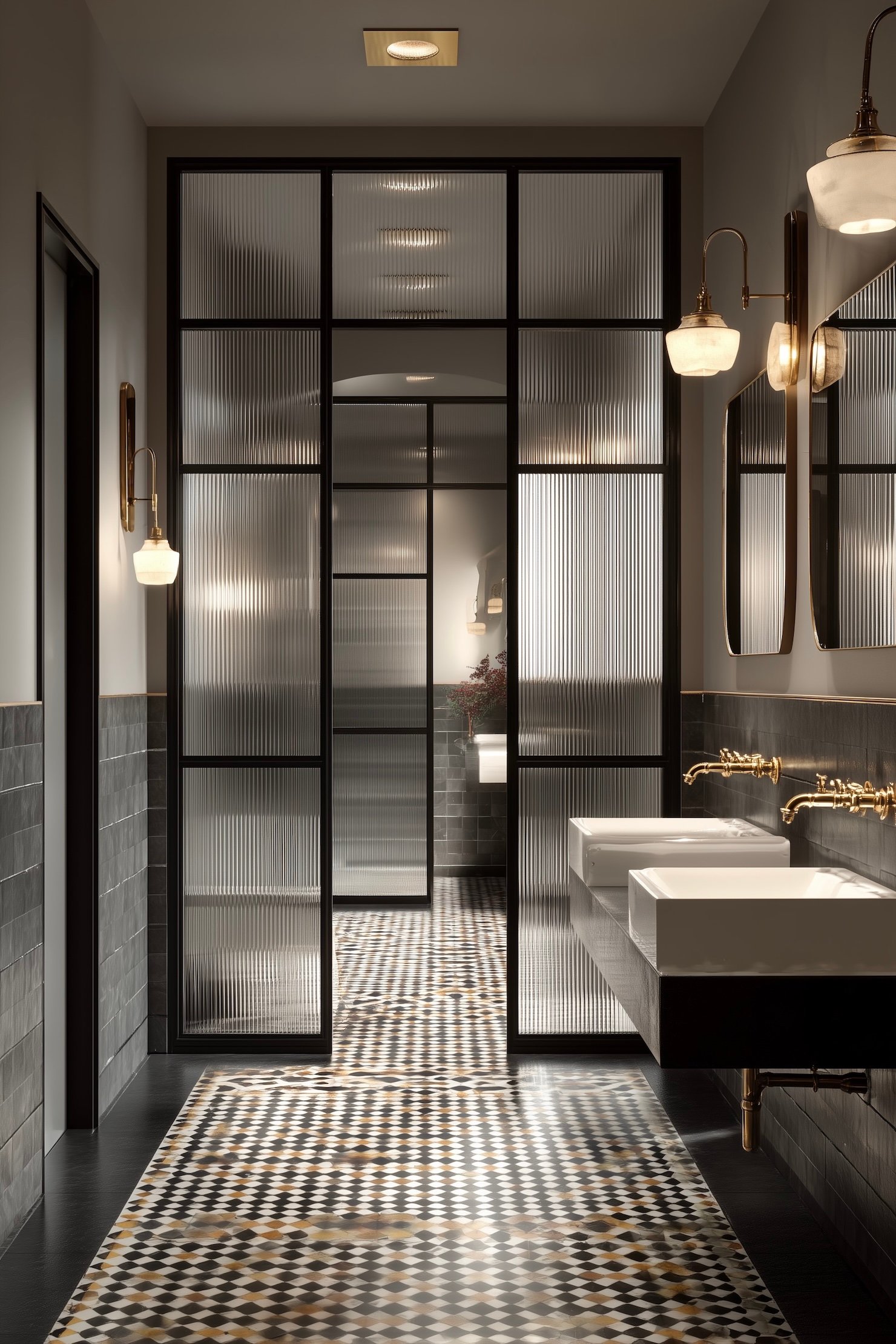 salle de bains vert cannelé marbre noir