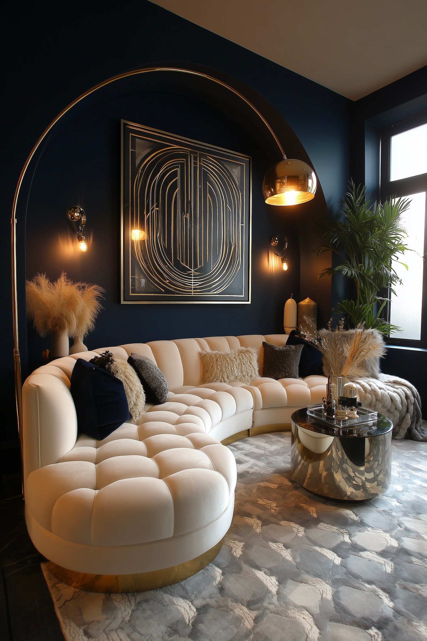 salon néo art déco canapé arrondi lampe laiton arc