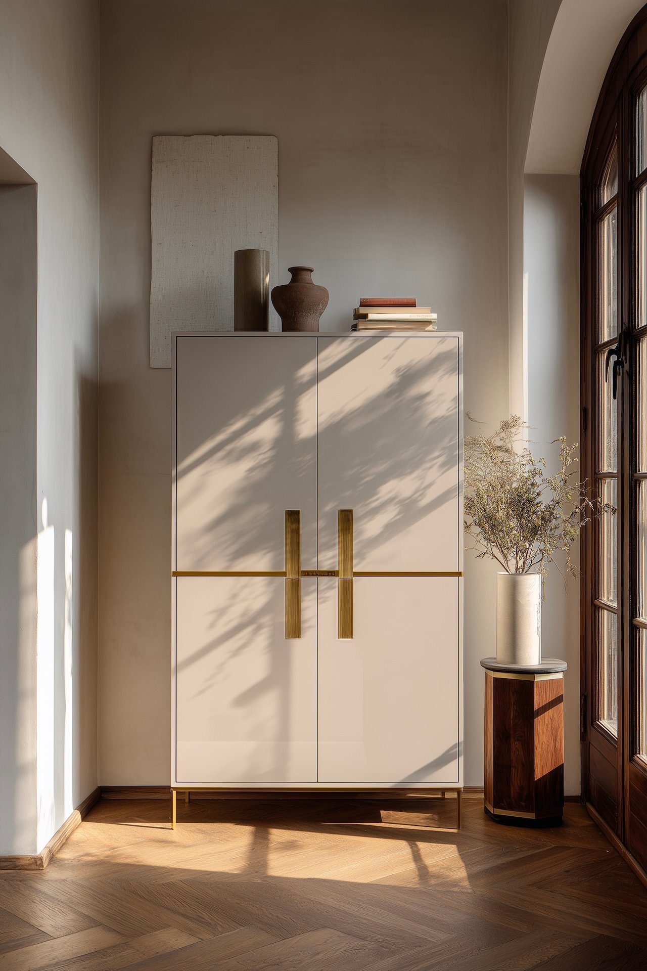 armoire contemporaine beige poignées laiton élégante