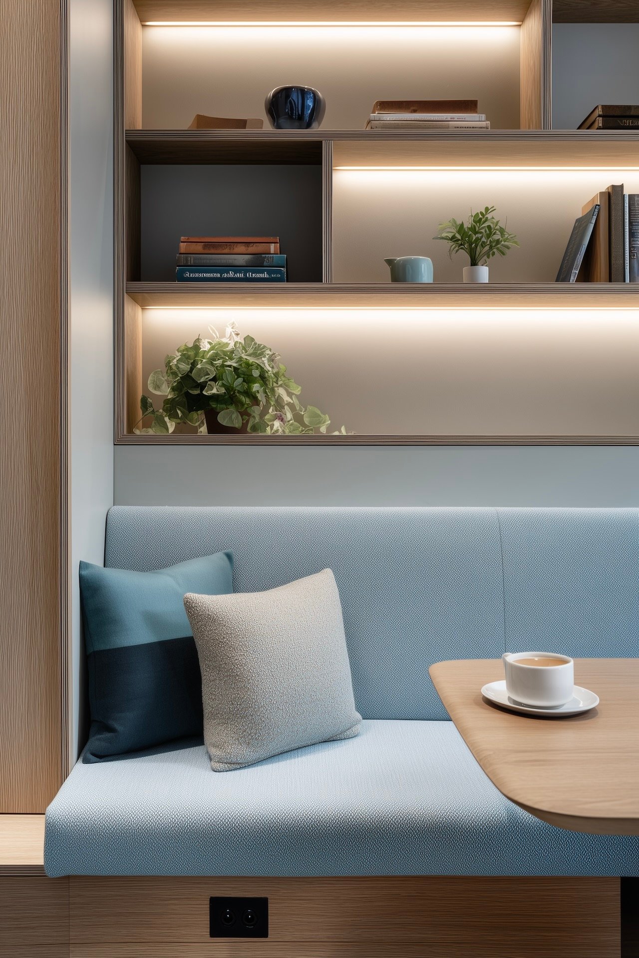 Banquette sur mesure avec rangements intégrés et niches rétroéclairées, coin repas cosy pour petit appartement