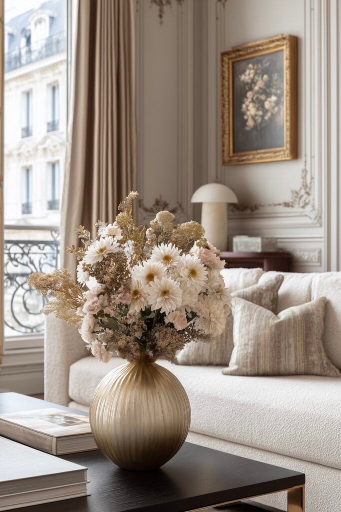 bouquet floral salon haussmannien tons beige doré
