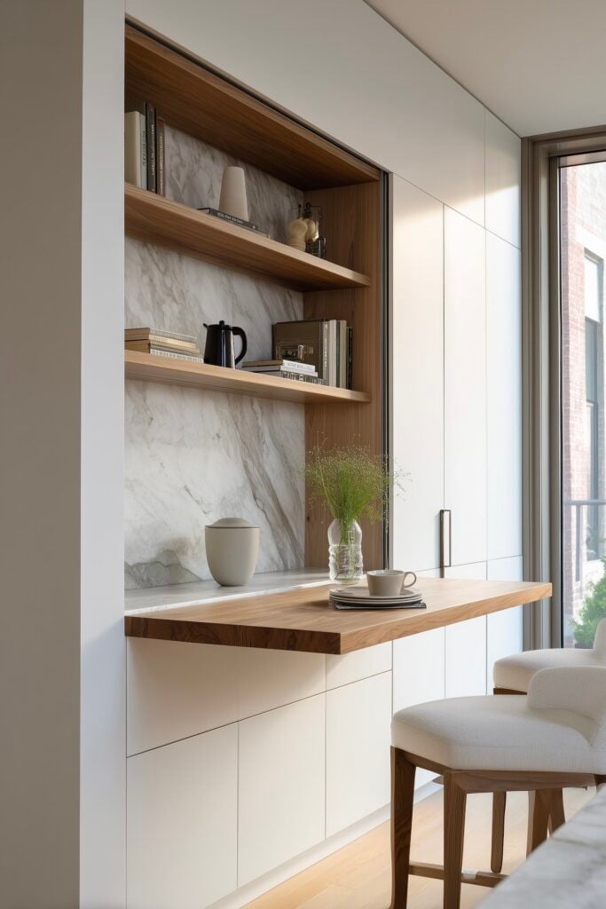 bureau mural rabattable cuisine moderne bois marbre