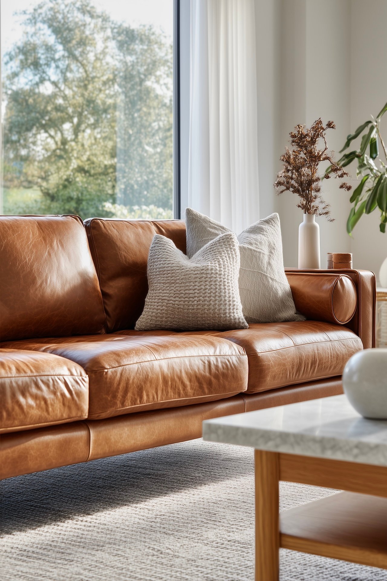 canapé cuir cognac salon contemporain lumineux