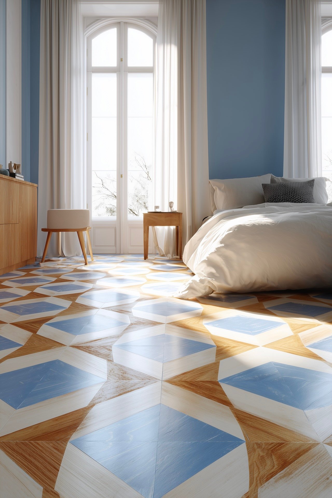 Chambre graphique : parquet peint motif hexagones bleu pastel