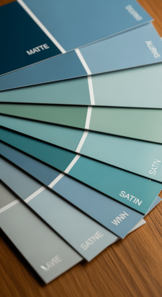 Échantillons de peinture de différentes finitions (mat, satiné) disposés en éventail sur une surface en bois.