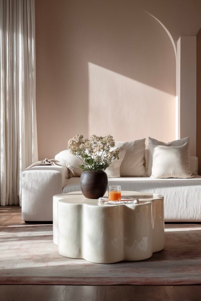 salon décoration féminine table fleur laqué peinture plafond rose