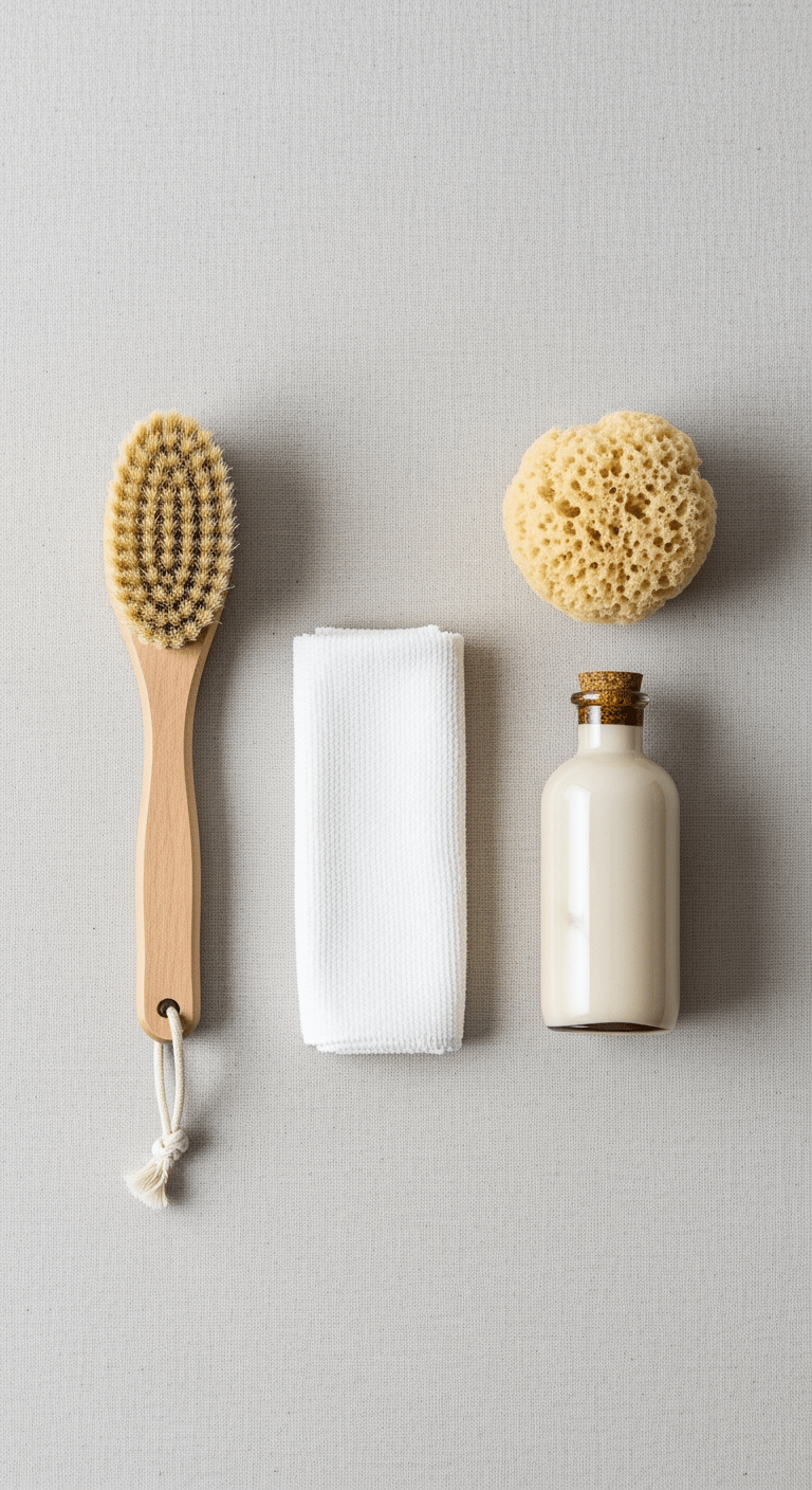 Composition d'outils d'entretien pour le rotin : brosse douce, éponge et chiffon sur un fond neutre.