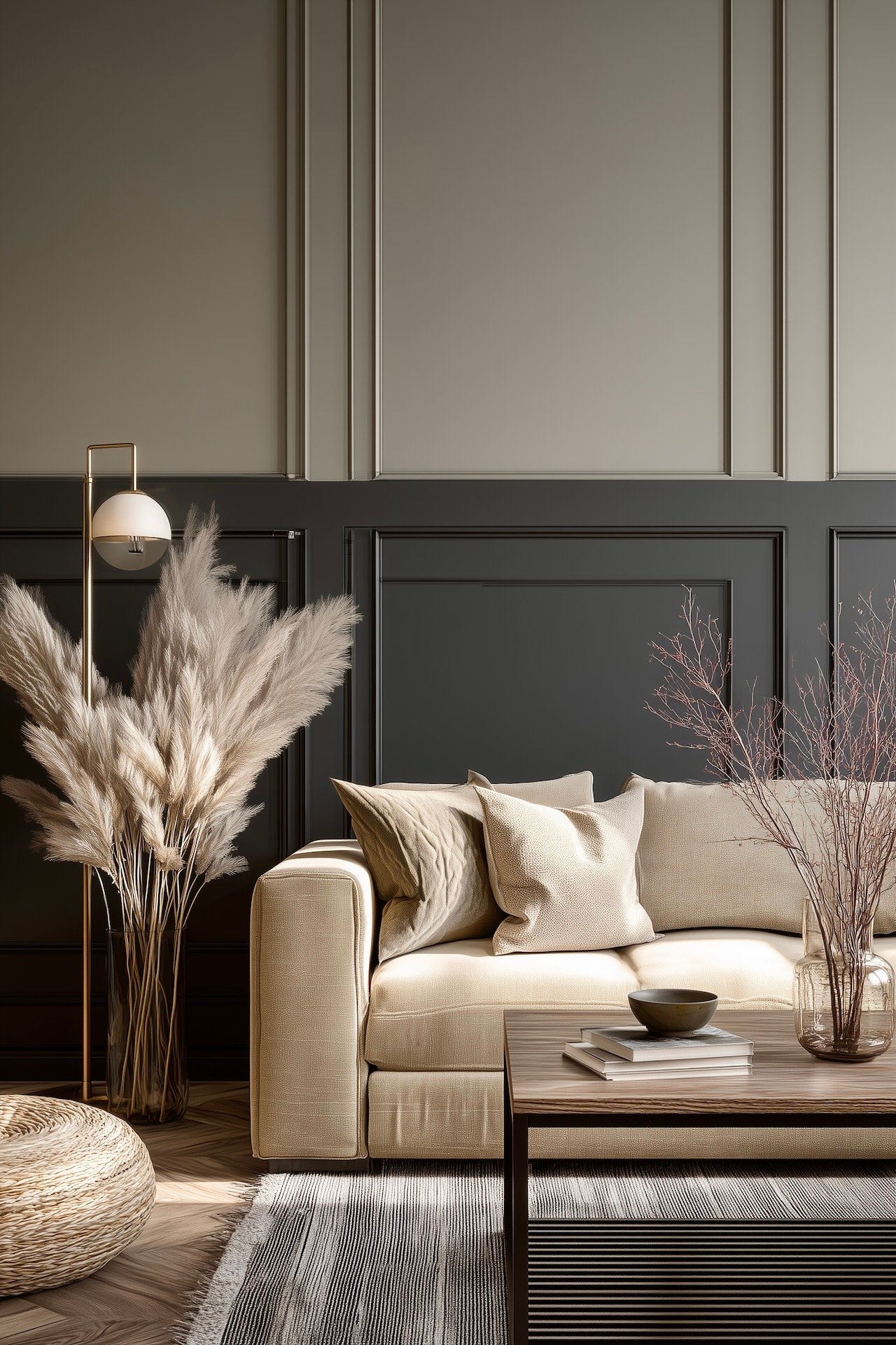 couleur salon étroit long neutre soubassements contrastes