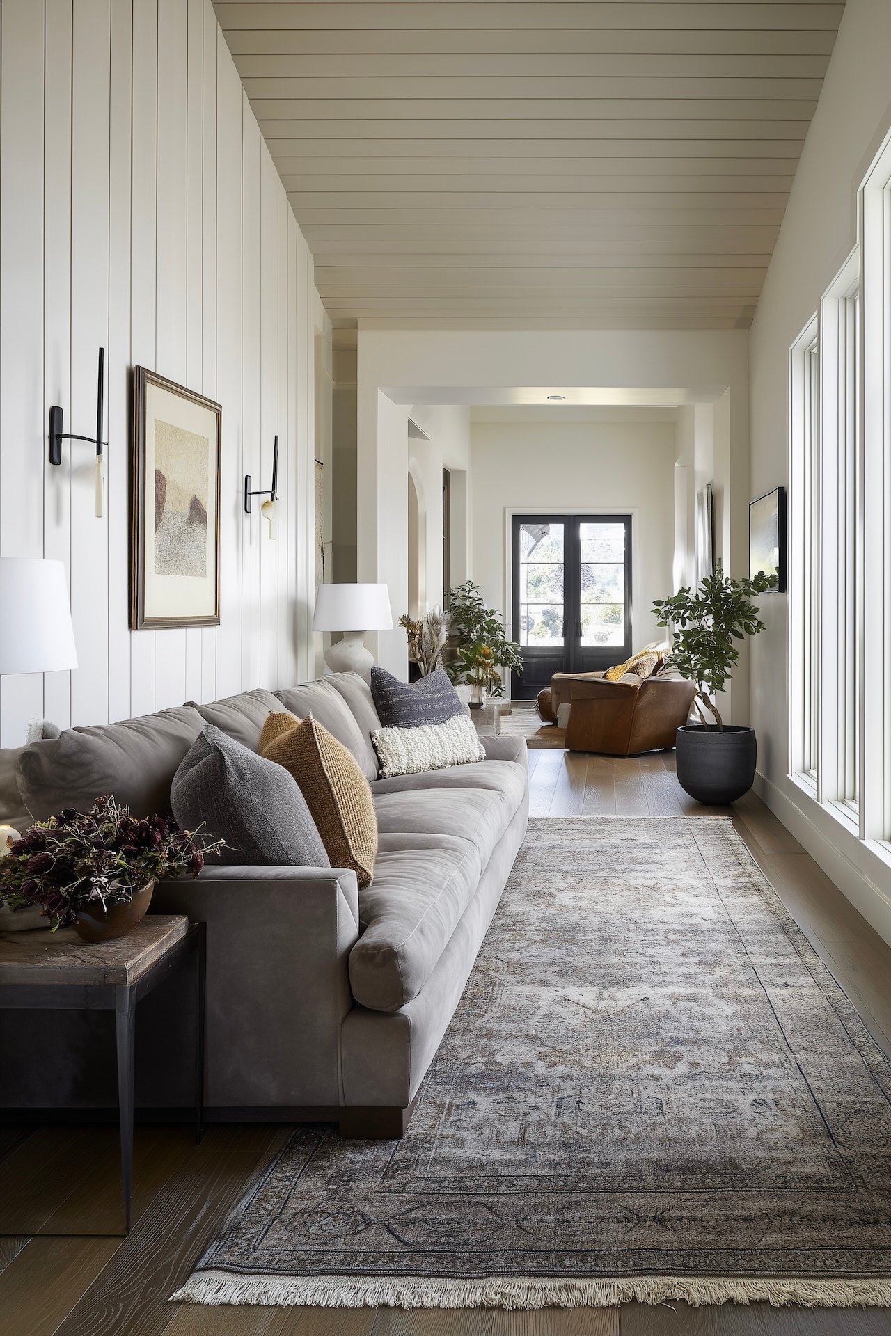 couleur salon long étroit lumineux style contemporain