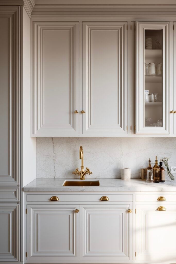 cuisine classique chic blanche robinetterie dorée