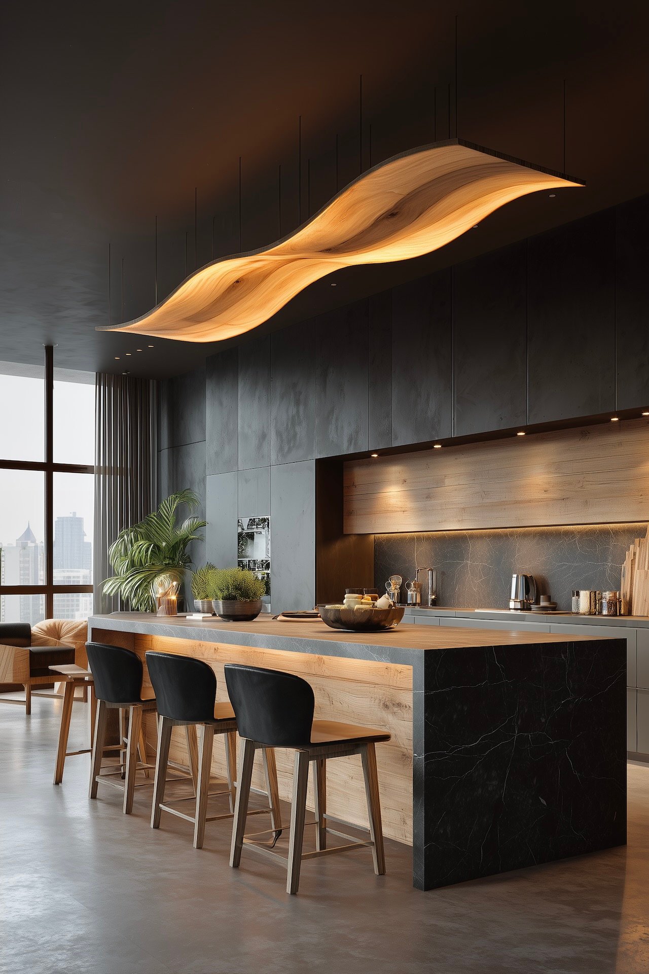 cuisine contemporaine ilot bois plafond bas