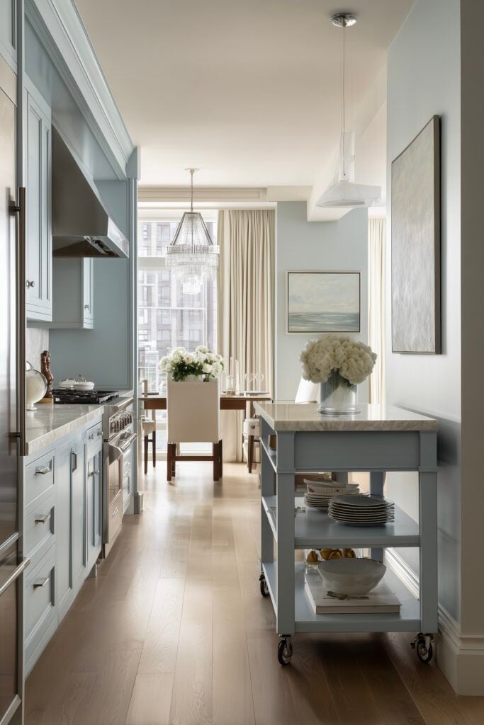 desserte marbre bois bleu roulettes élégante lumineuse