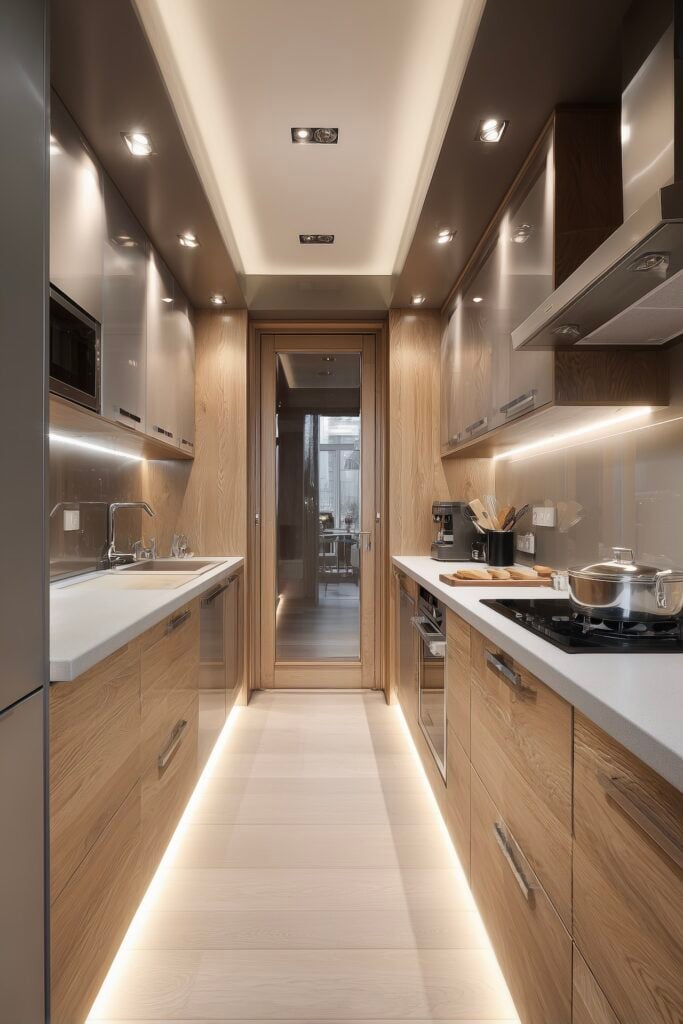 cuisine en longueur bois moderne éclairage intégré