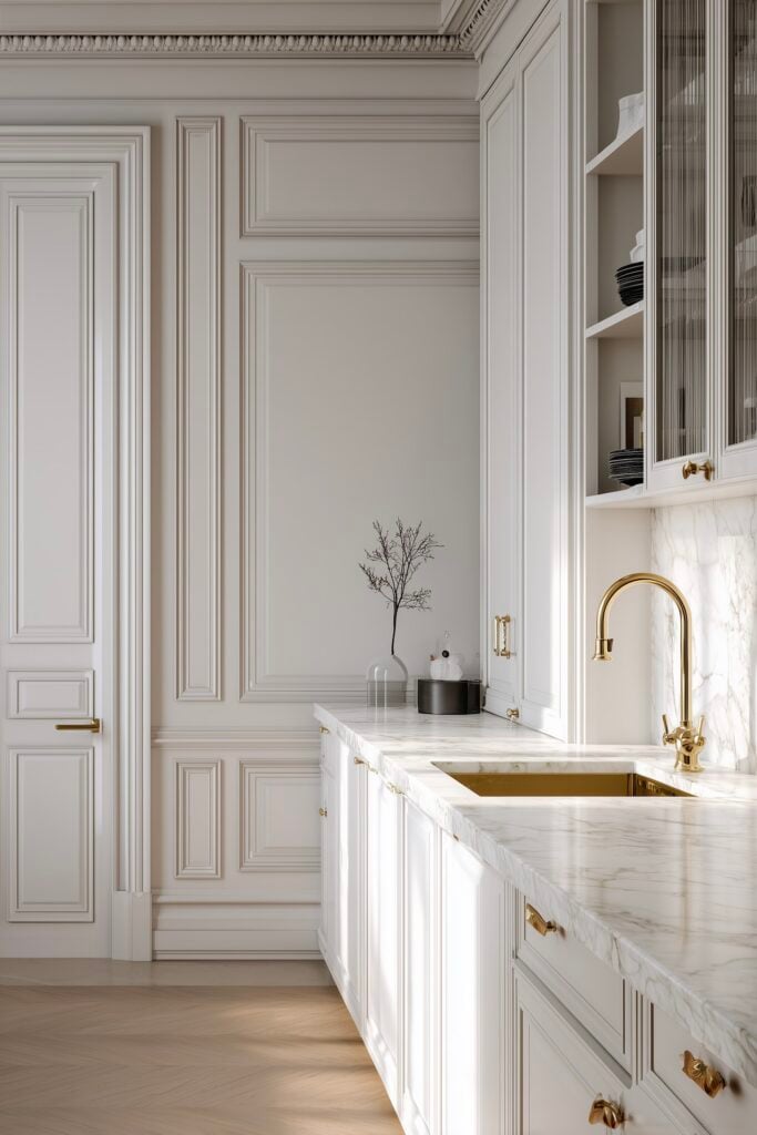 cuisine en longueur classique blanche marbre laiton