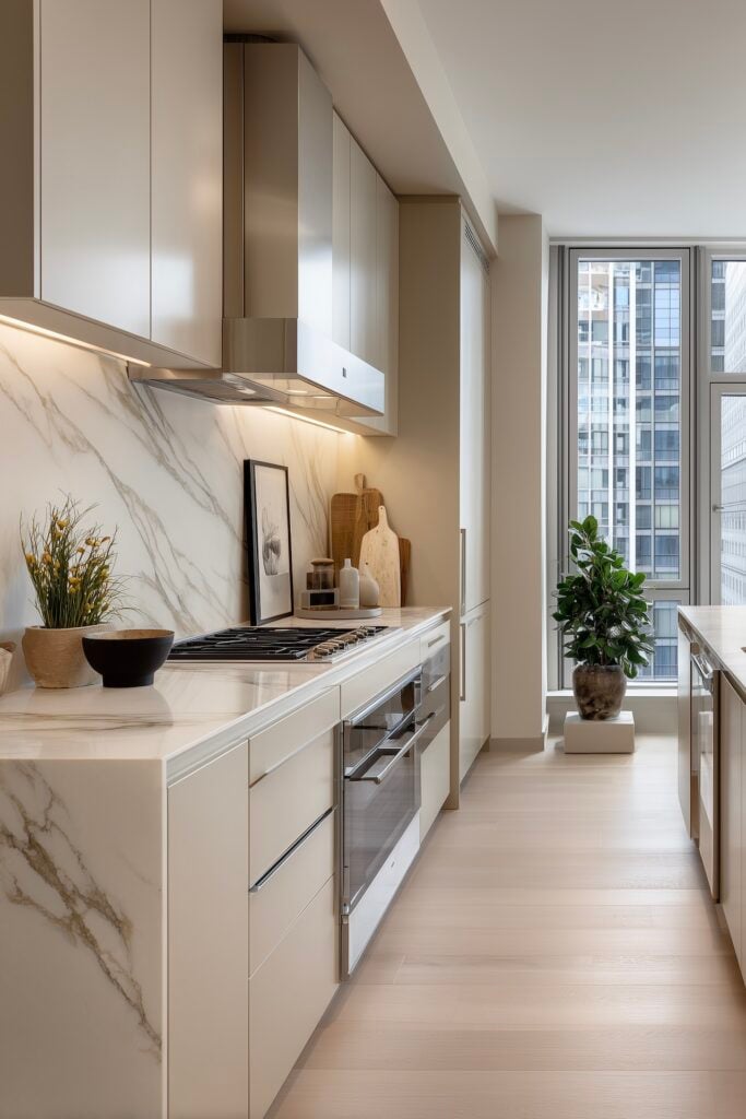 cuisine étroite blanche plan travail marbre