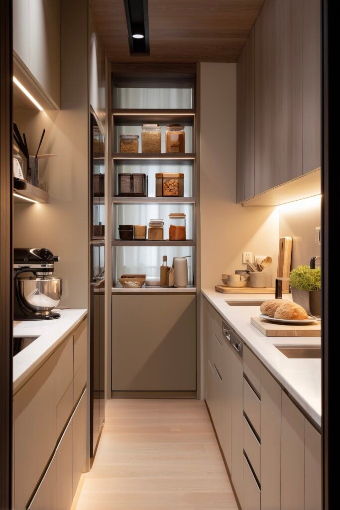 cuisine étroite moderne avec rangements optimisés