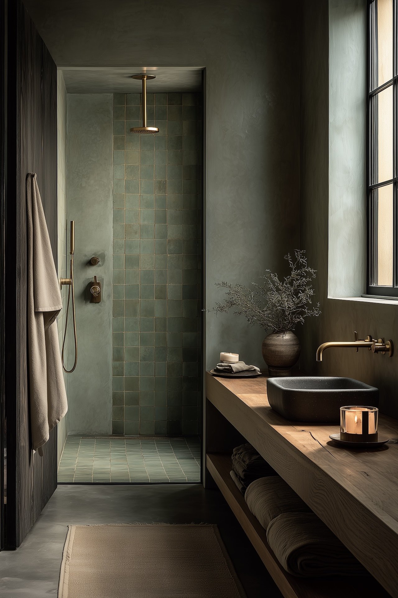 douche italienne vert carrelage marocain mur béton