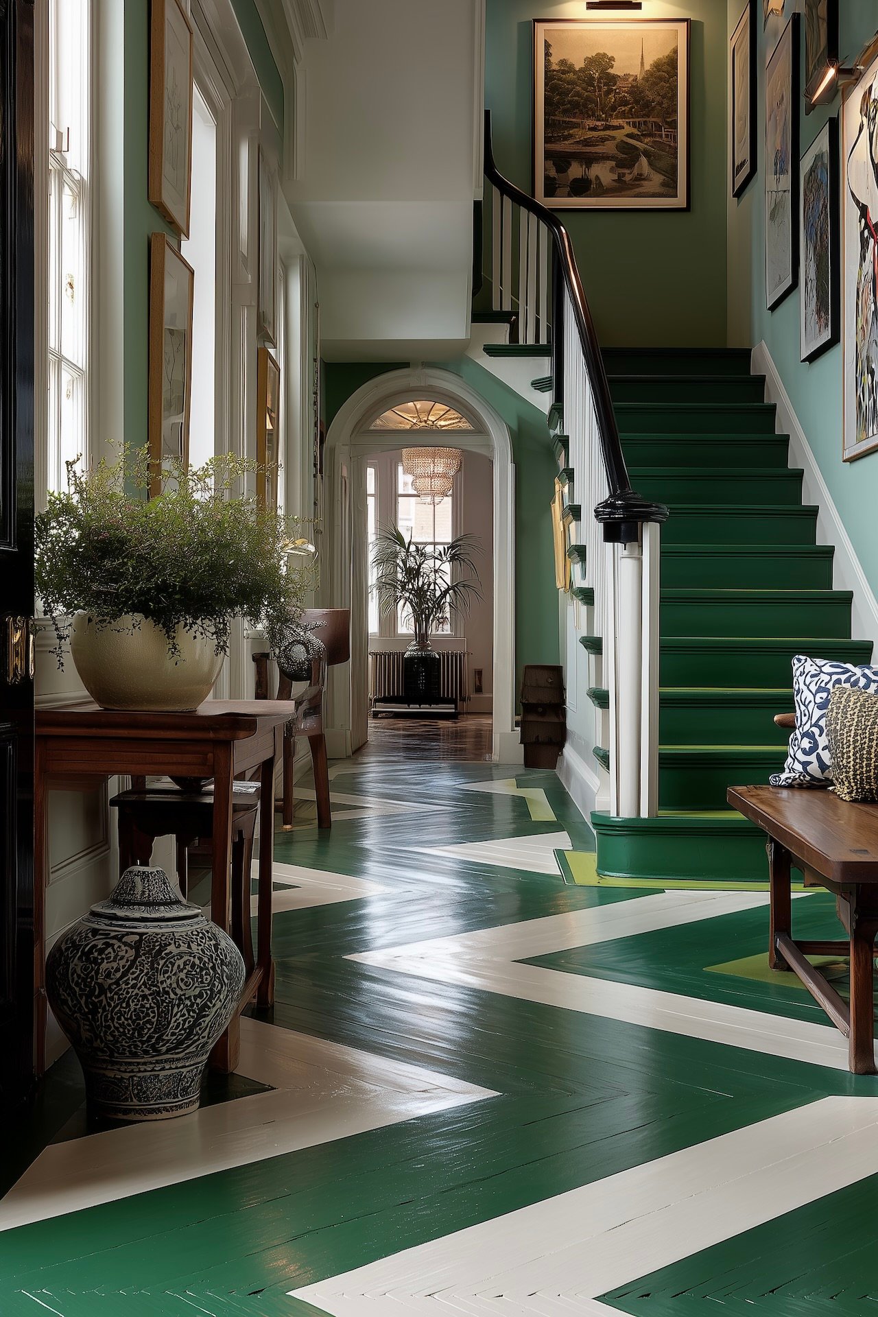 Entrée avec escalier vert et parquet peint graphique vert et blanc, ambiance maison de caractère