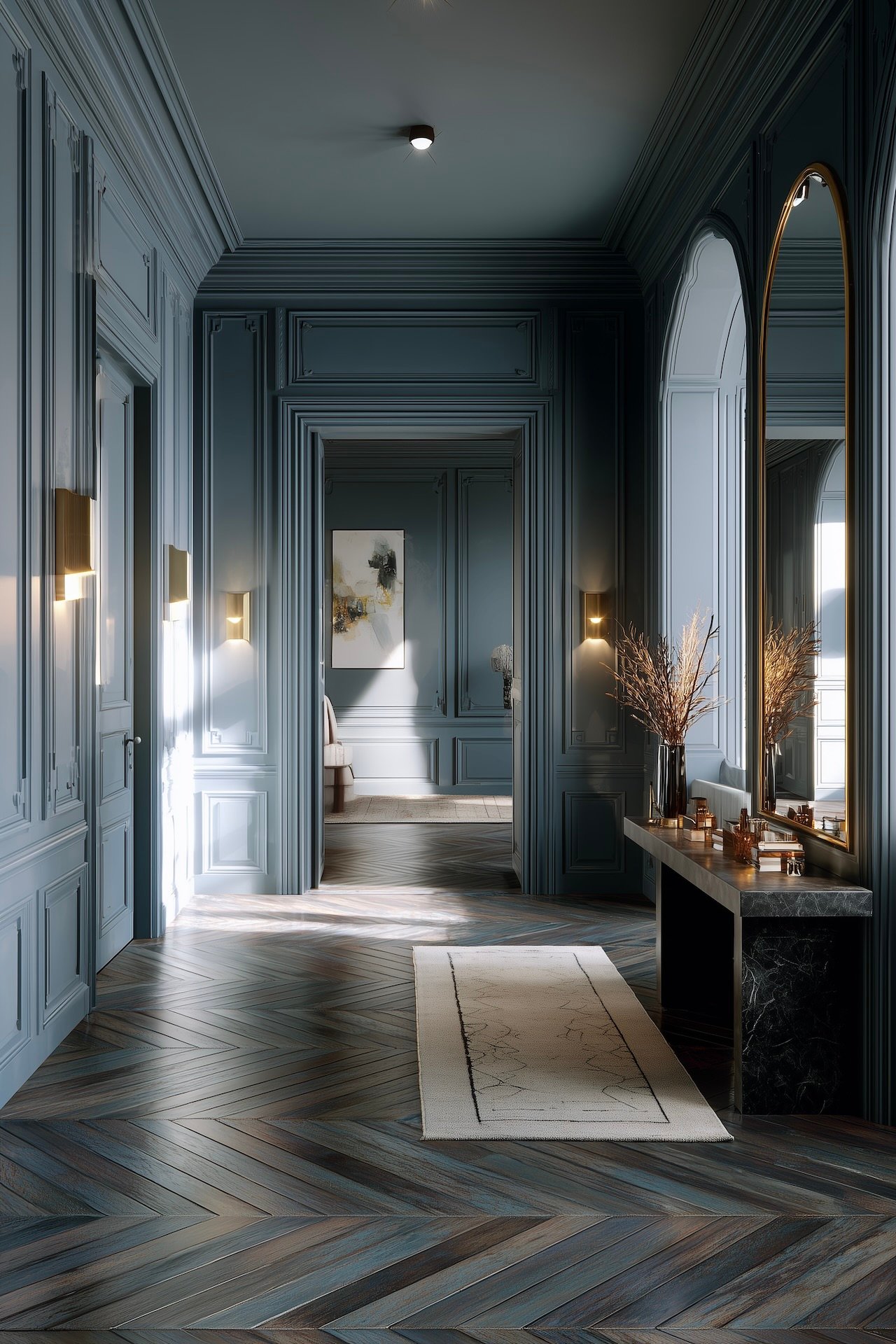 Entrée boiseries bleu-gris console marbre grand miroir.