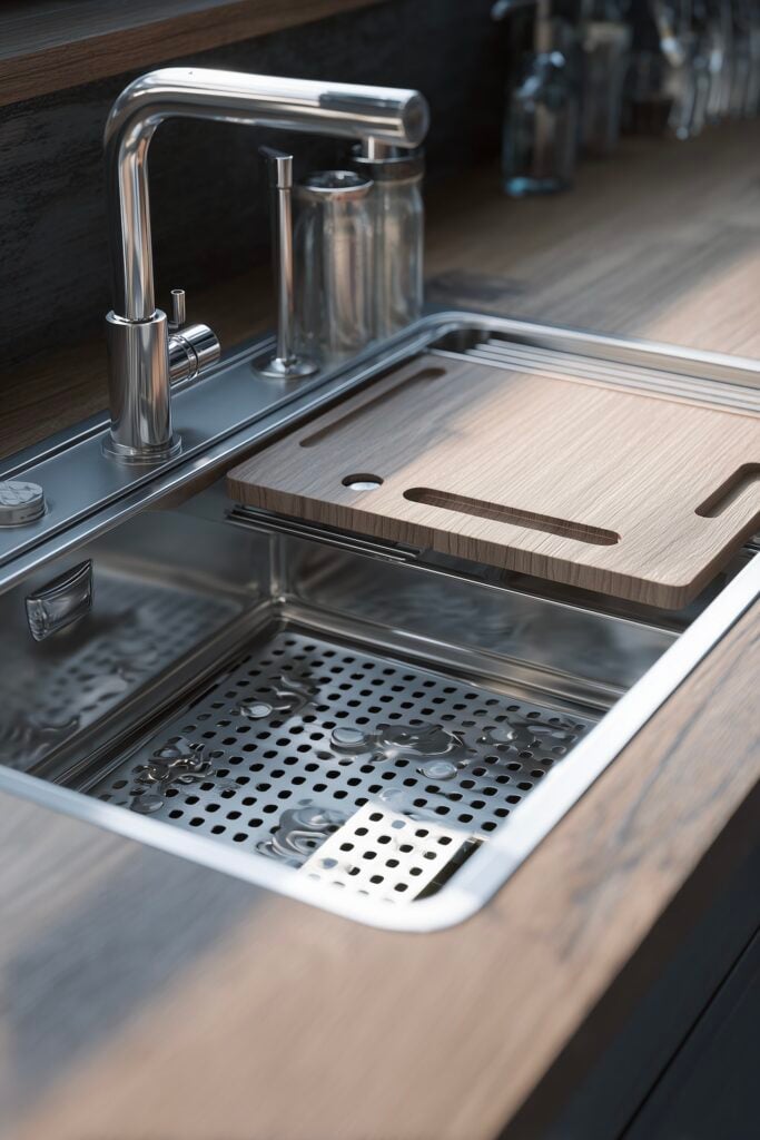évier de cuisine avec accessoires intégrés bois