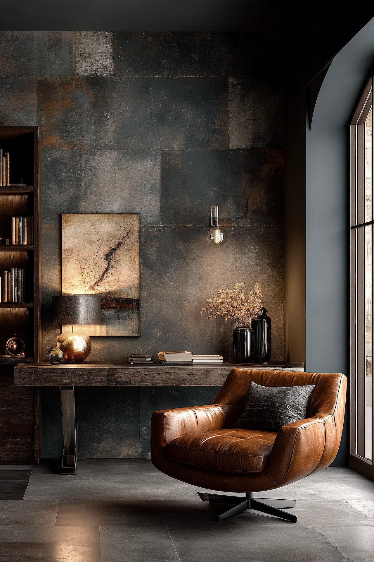 fauteuil cuir cognac bureau industriel mur dalles bronze rouille