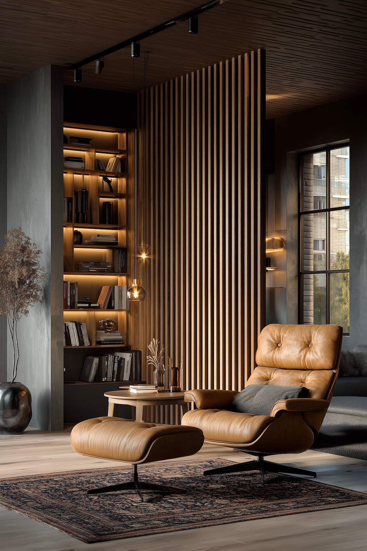 fauteuil cuir design salon bibliothèque bois