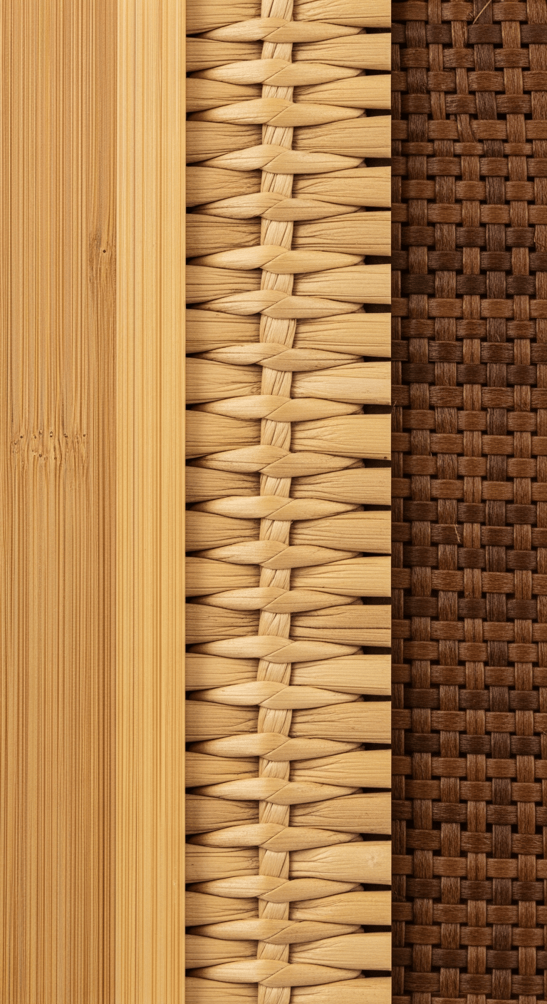 Gros plan comparatif des textures du bambou lisse, du rotin naturel tressé et du polyrotin synthétique.