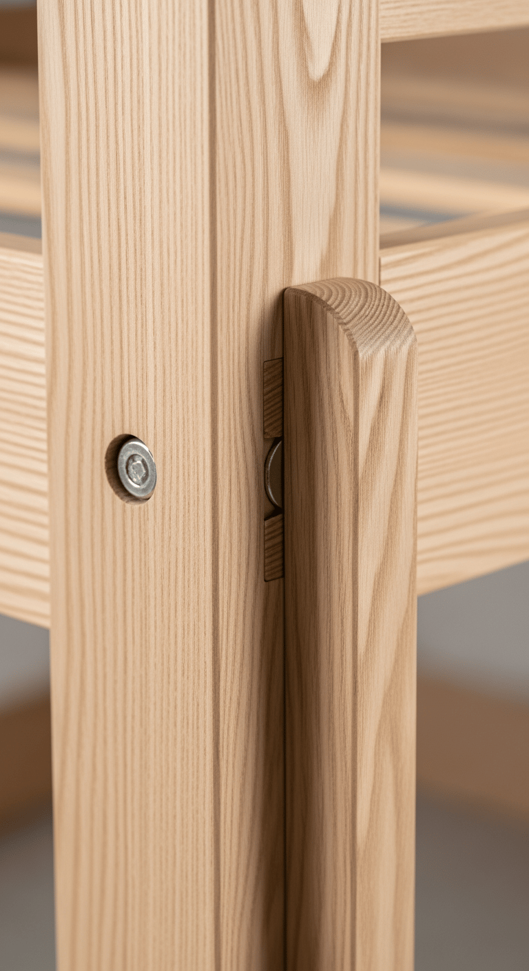 Gros plan sur l'assemblage solide et sécurisé d'un lit superposé en bois massif, illustrant la robustesse de la structure.