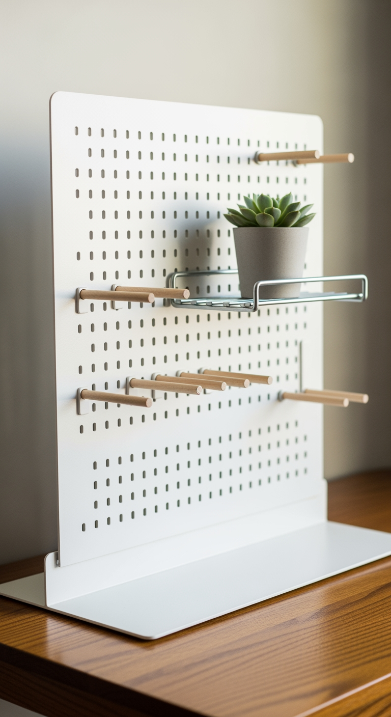 Gros plan sur un panneau perforé (pegboard) blanc posé sur un bureau, organisé avec des étagères et des objets pour le petit rangement.