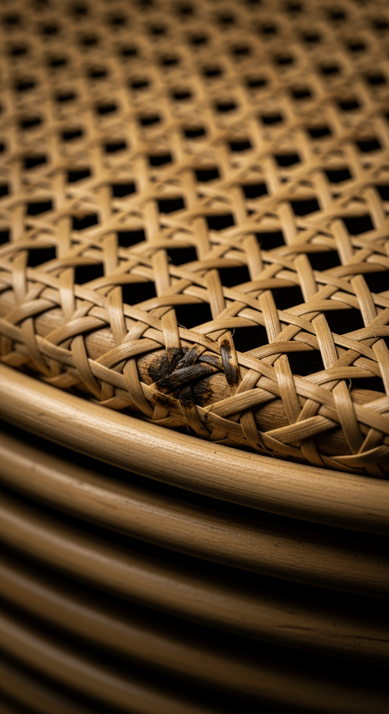 Gros plan sur une tache sombre sur une surface en rotin, illustrant un dommage accidentel à réparer.