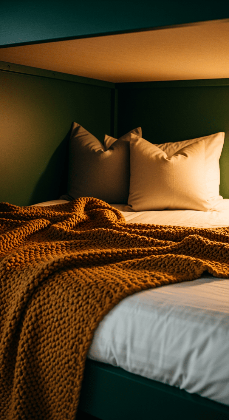 La couchette inférieure d'un lit superposé aménagée en un cocon douillet avec une couverture ocre et des coussins sur fond vert foncé.