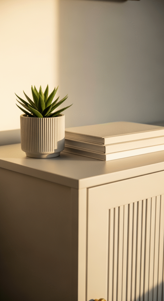 Le coin d'un meuble repeint et stylisé avec une plante succulente et des livres, montrant le résultat final intégré dans un décor.