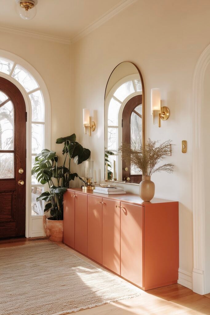 meuble entrée terracotta repeint miroir arche