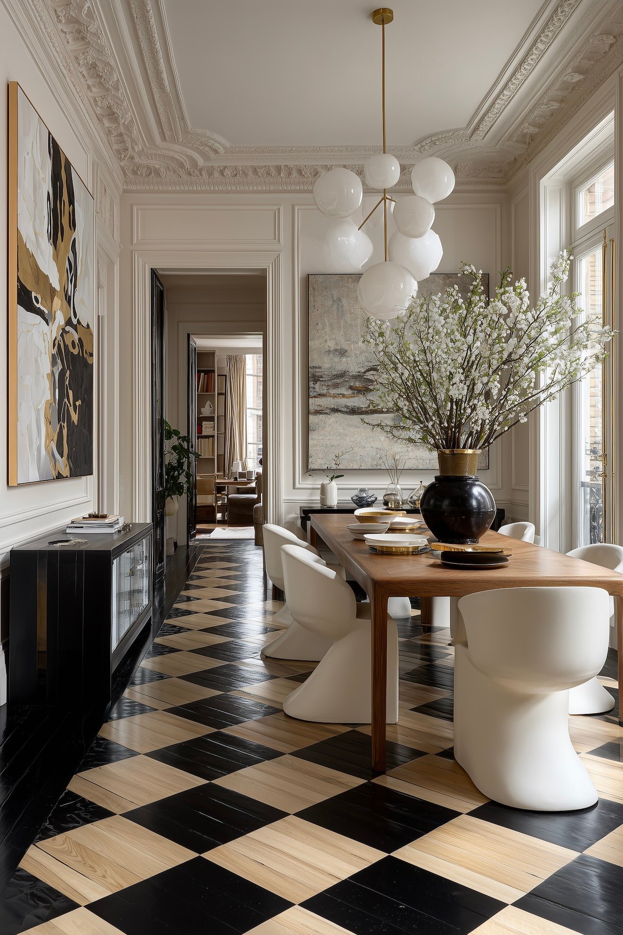 Salle à manger haussmann avec table en bois et parquet peint damier noir et bois, rendu haut de gamme