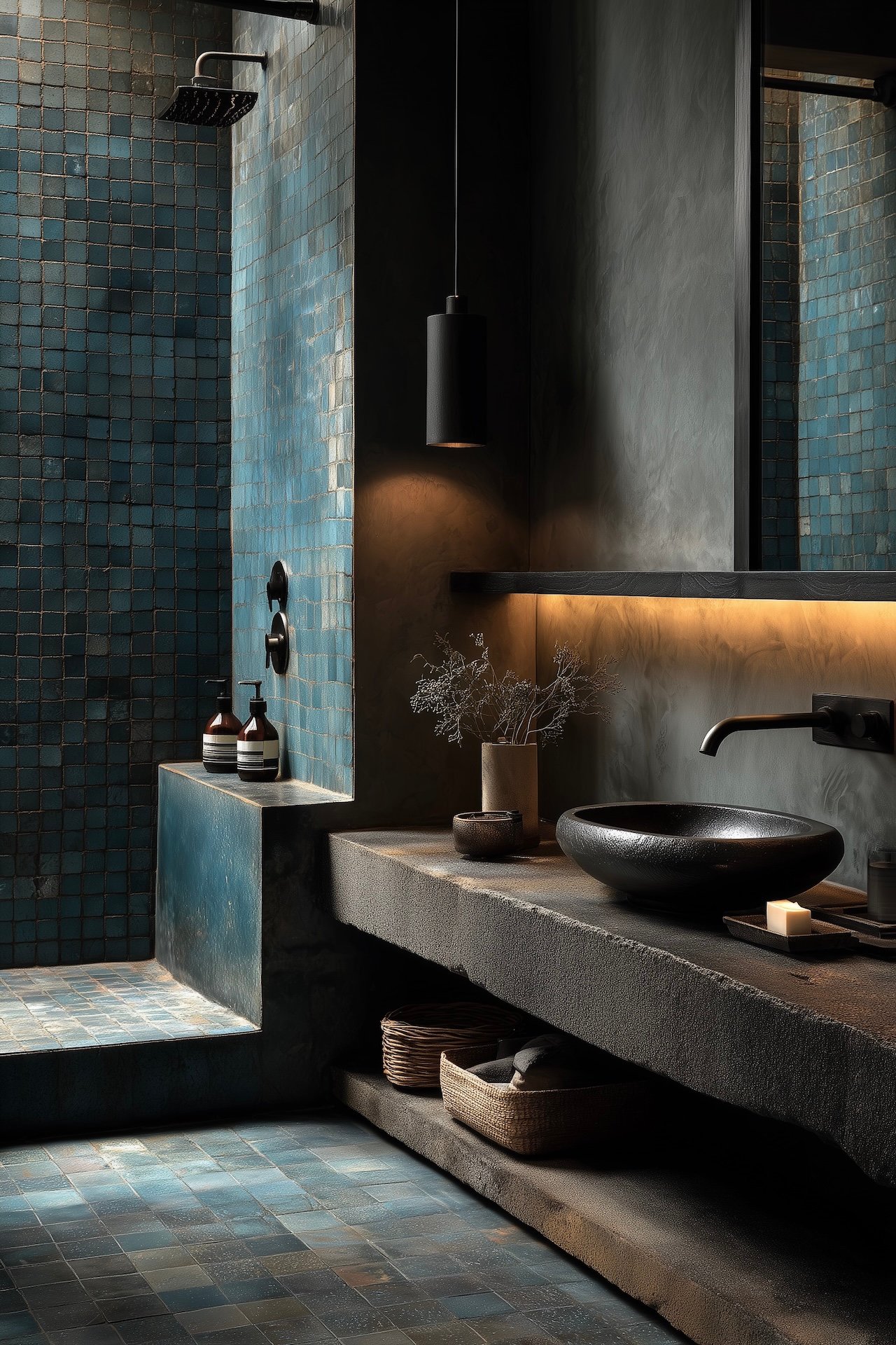 salle de bain bleu profond zellige pose entretien artisanat