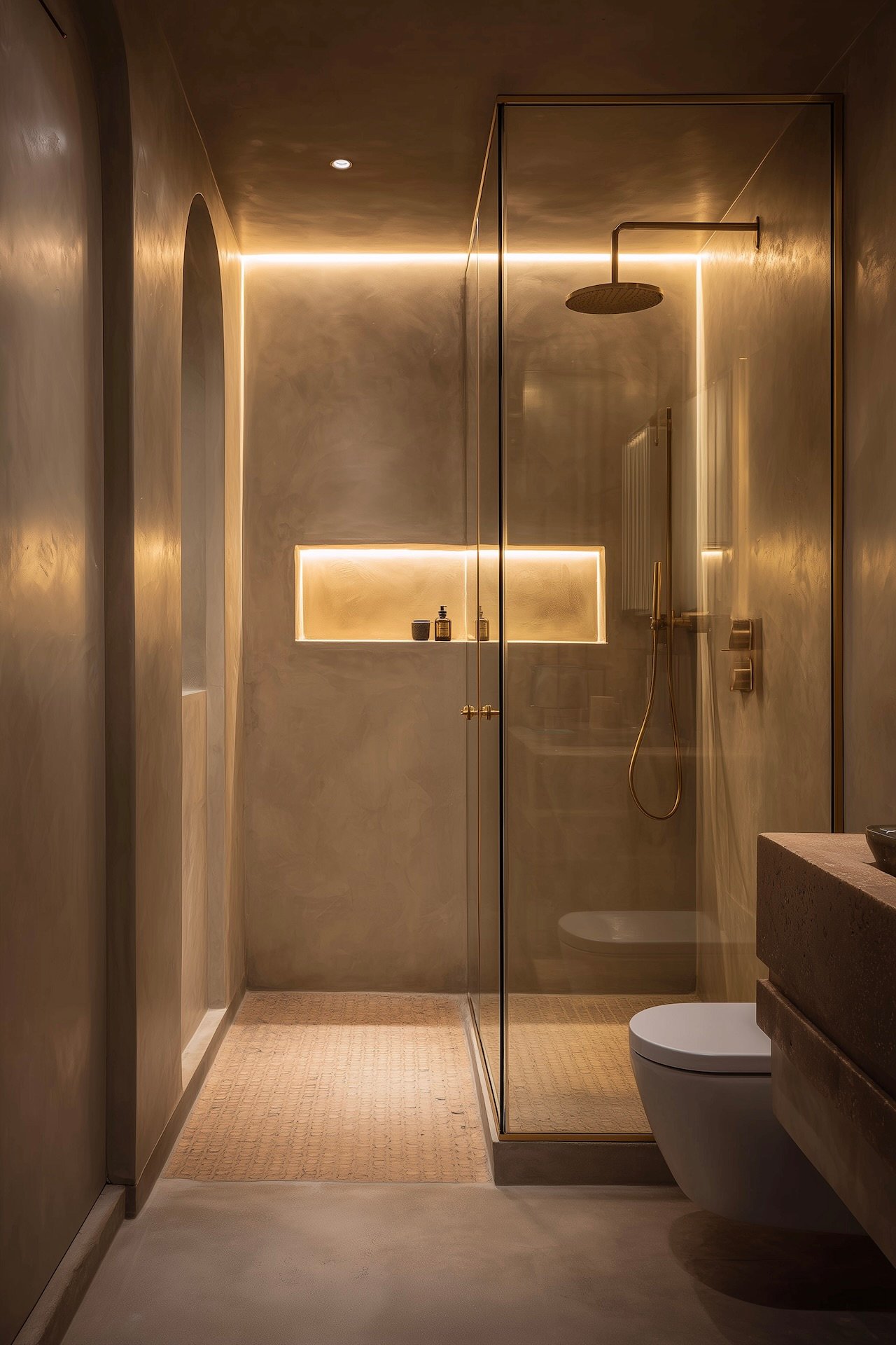 Salle d’eau microciment douche à l’italienne vitrée robinetterie laiton