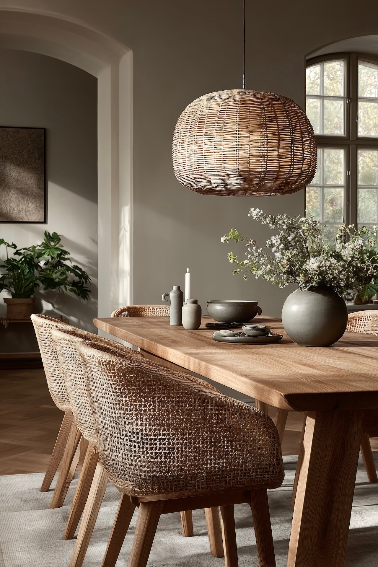 salle à manger scandinave bois osier tressé