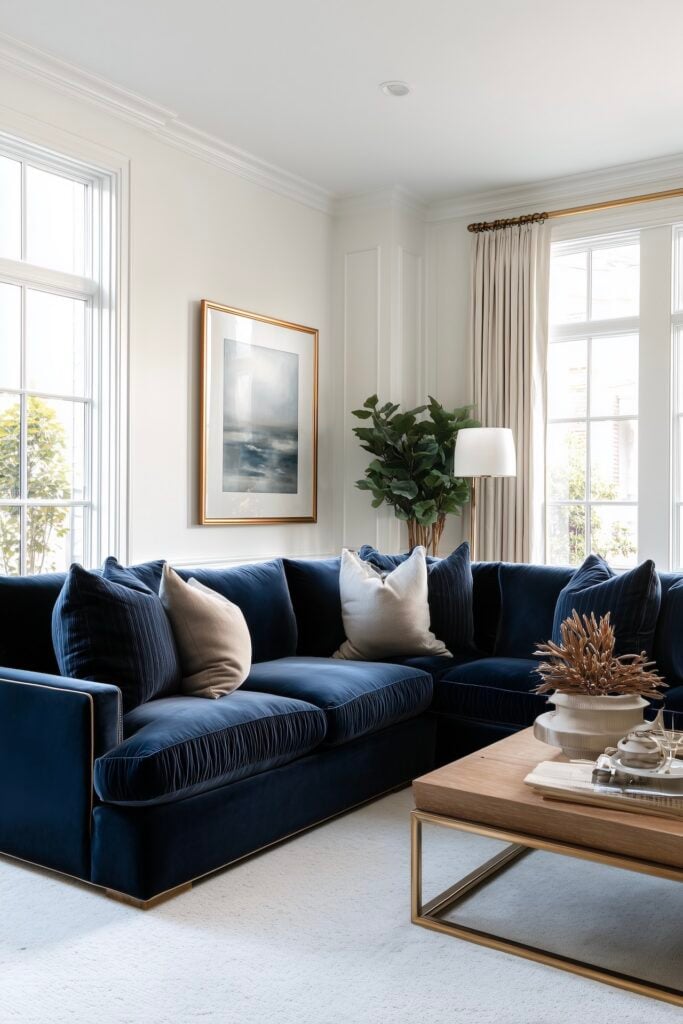 salon chic canapé velours bleu profond angle