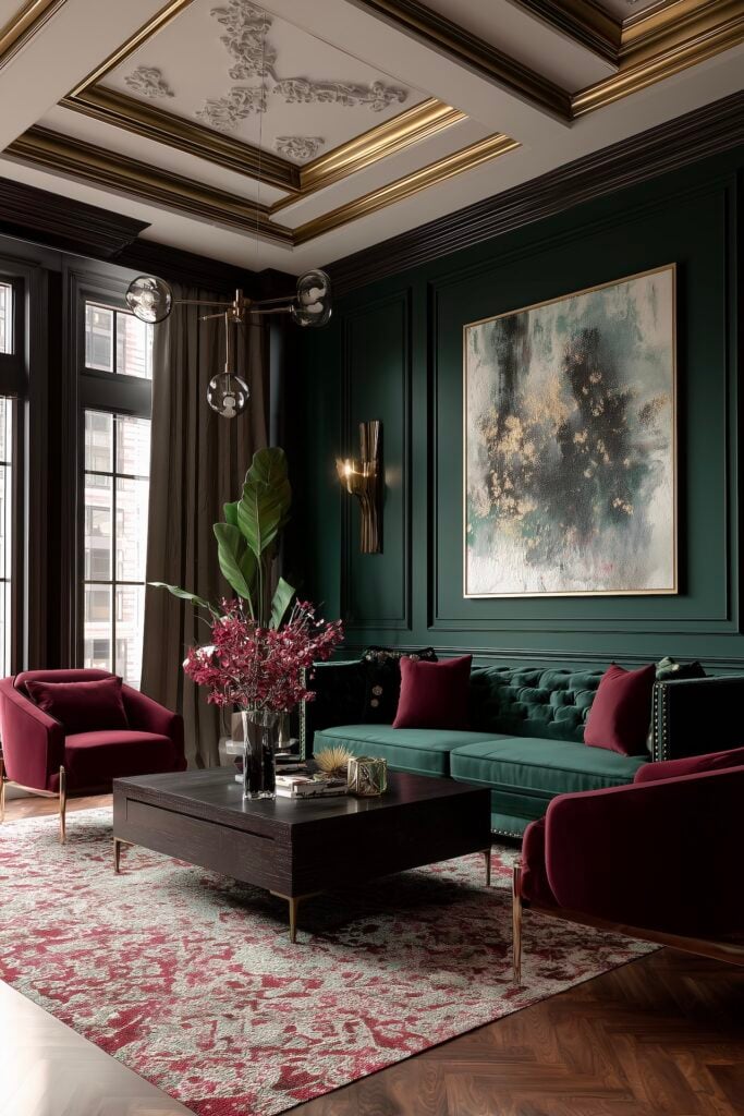 salon chic vert profond moulures dorures