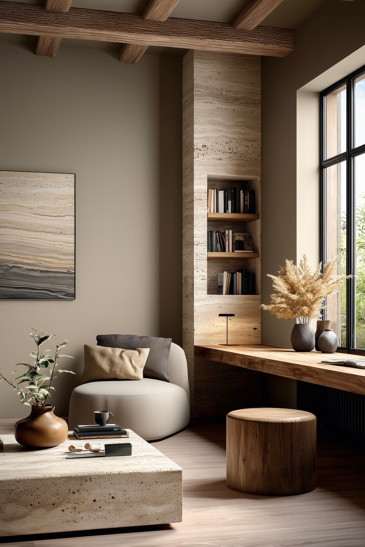 salon coin bureau planche travertin