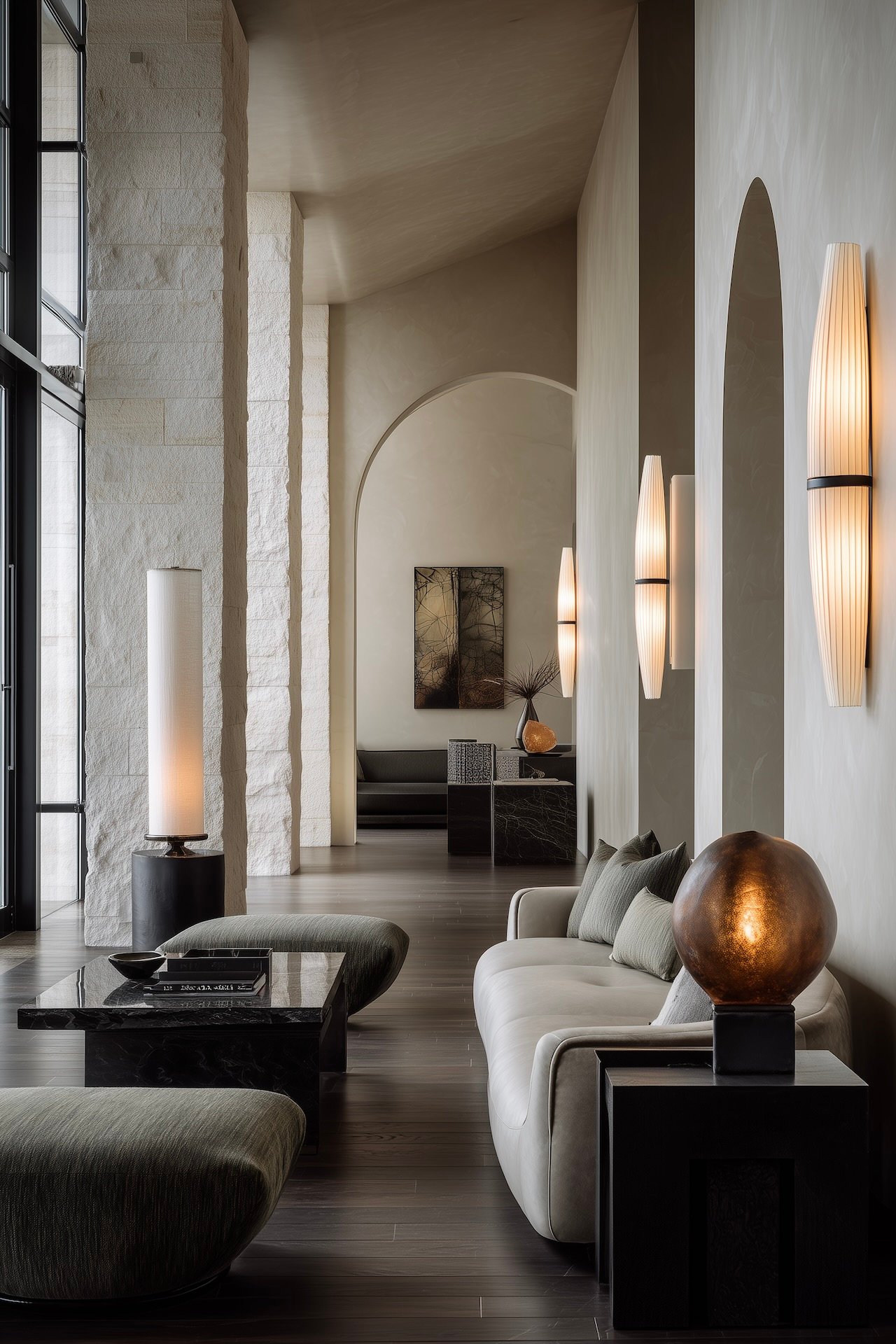 salon contemporain arches murales éclairage sculptural