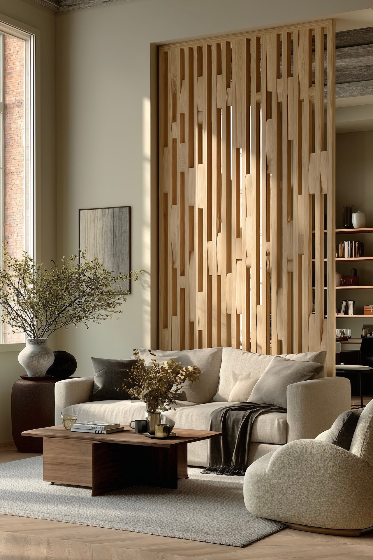 salon contemporain claustra bois naturel lumineux