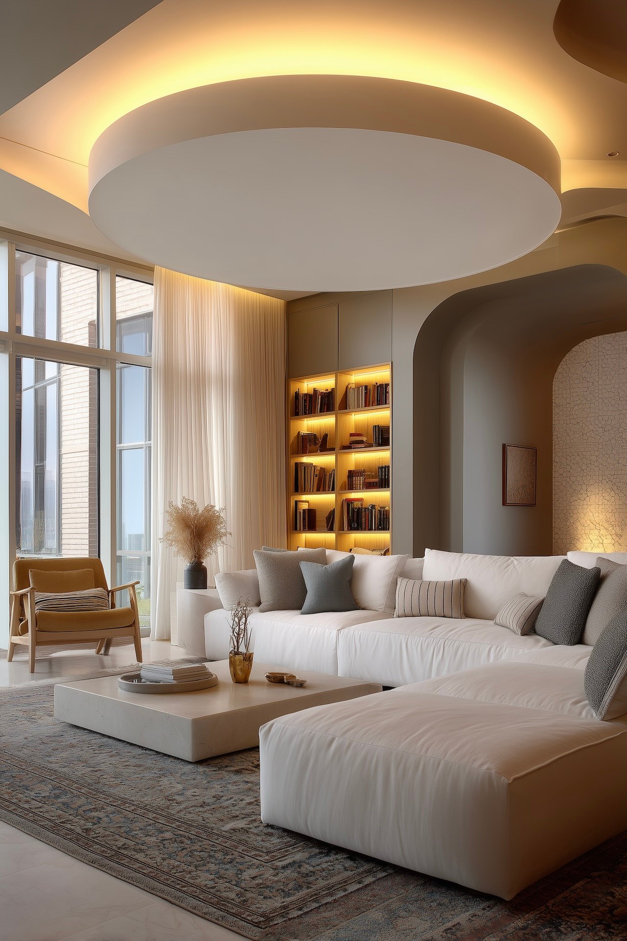 salon contemporain plafond sculptural éclairage indirect